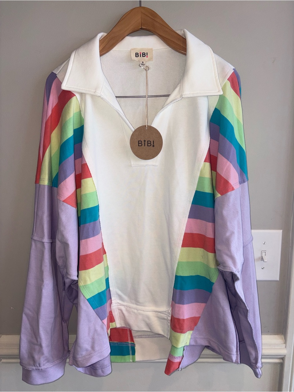 BIBI Women’s Lavender + Multi Stripe French Terry Pullover - size S